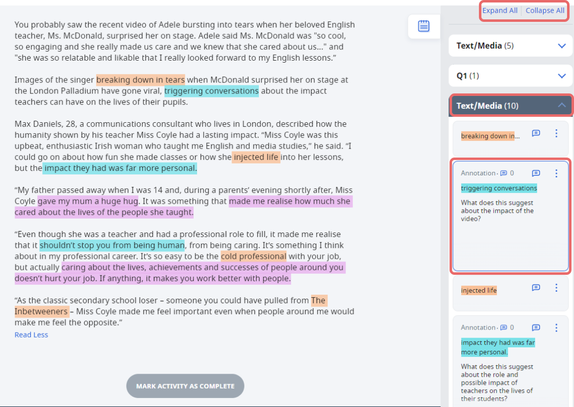 Highlight and Annotate in Teacher's Copy of Assignment