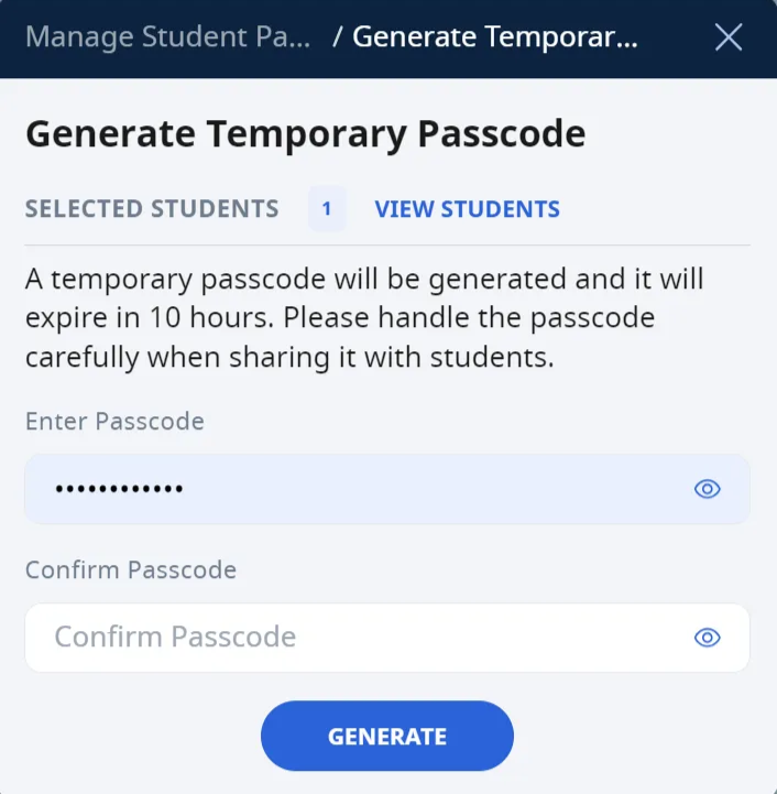 Generate Temporary Passcode for Students