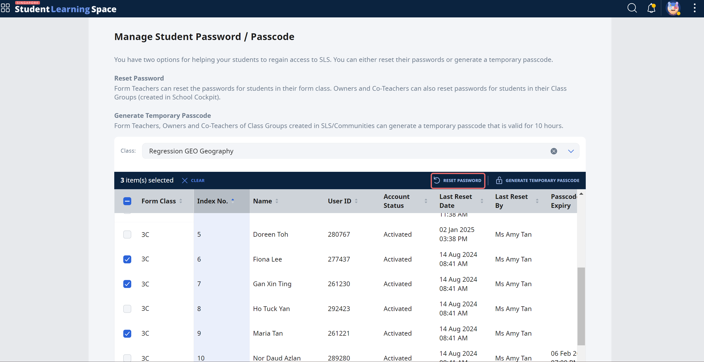 Reset Student Passwords for Classes