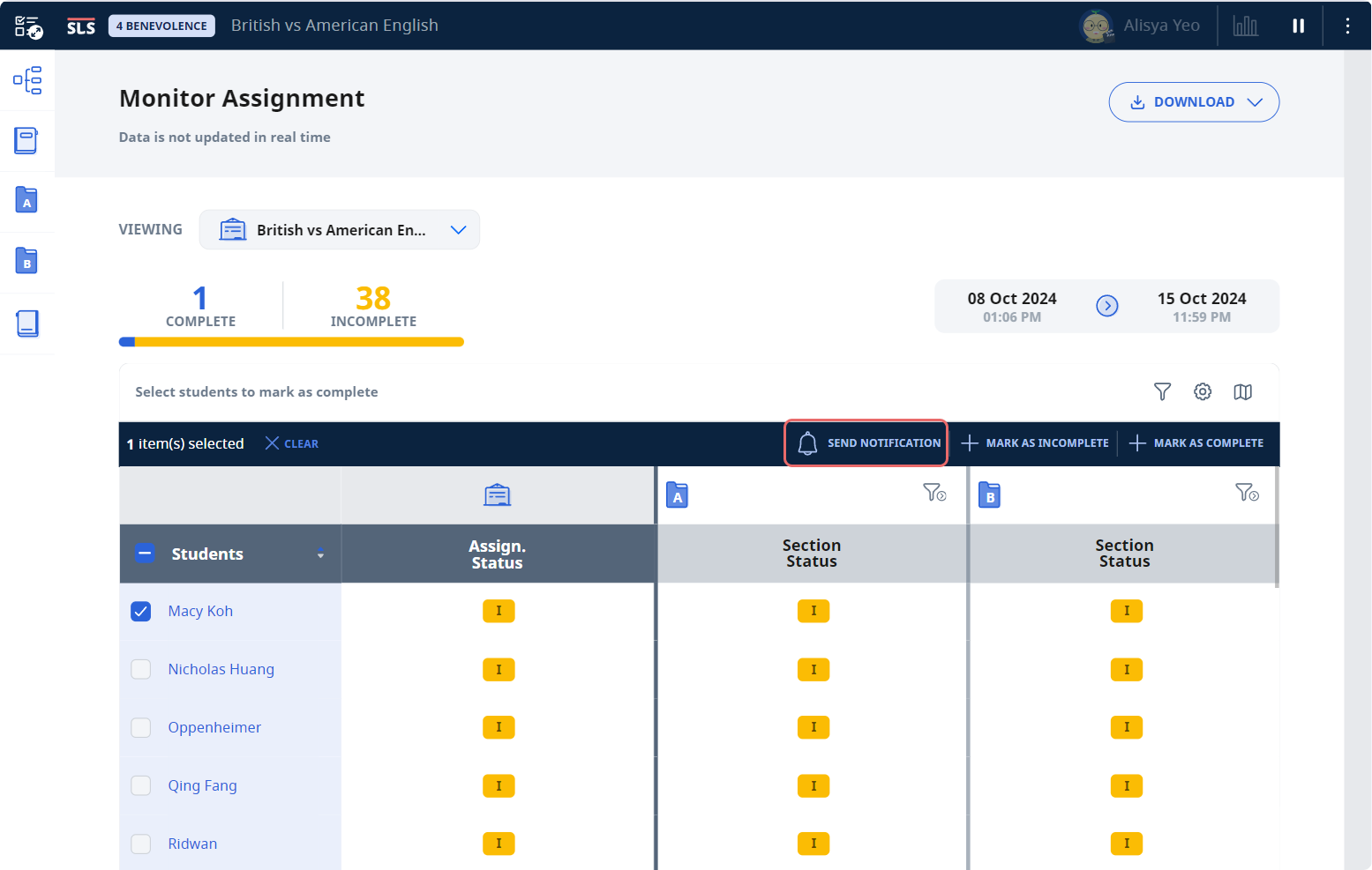 Manage Assignments, Sections, Activities